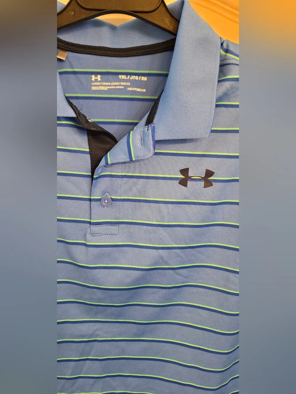Under Armour Light Blue Striped Polo with Navy Logo KIDS SIZE XL